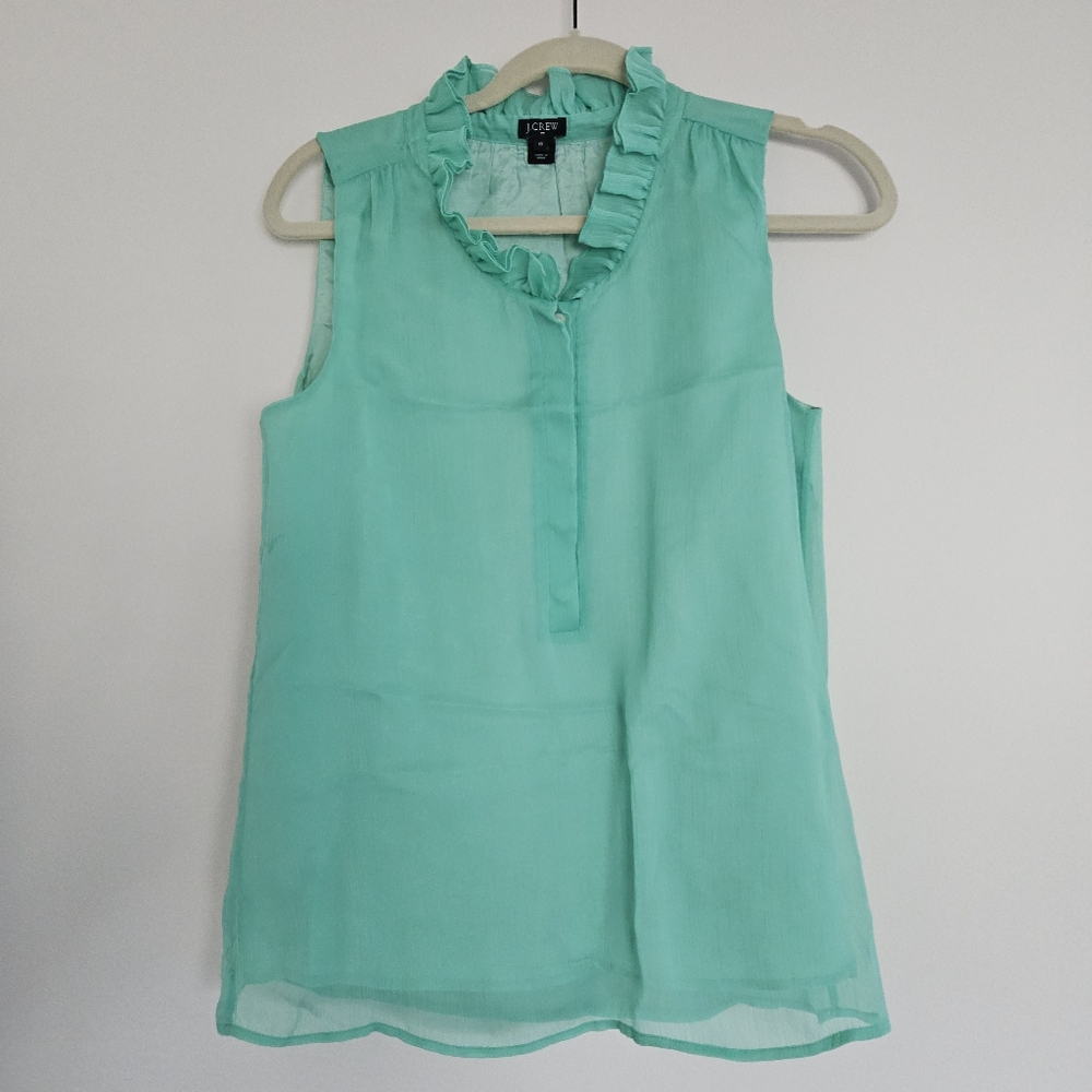 J.Crew Ruffle Collar Top Blouse Size 10 Cami Sleeveless Green Chiffon Henley